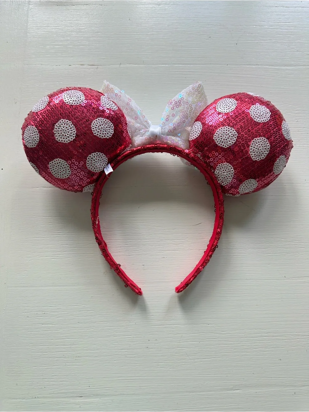 Disney Pink Sequin Polka Dot Minnie Ears Headband with White Bow